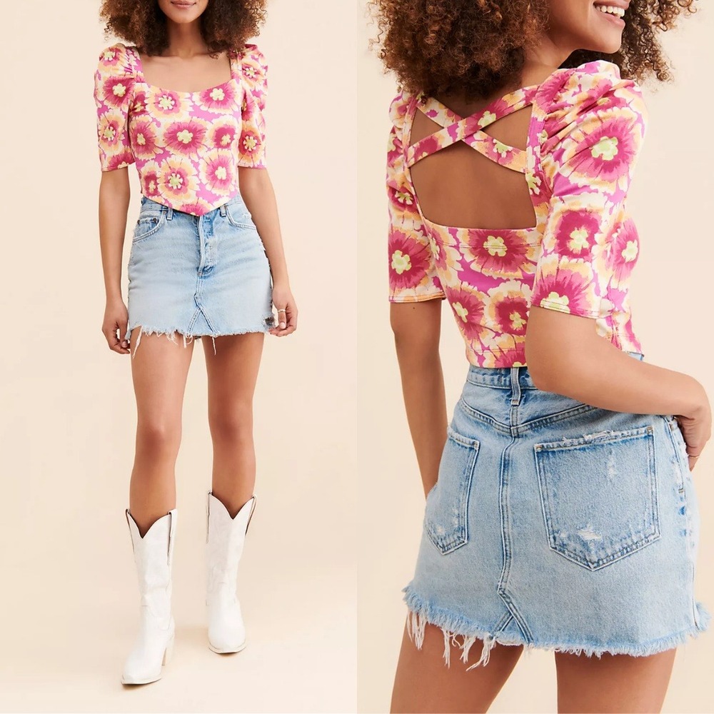 Free People | Give Me More Cotton Floral Half Sleeve Crop Top in Pink | Medium